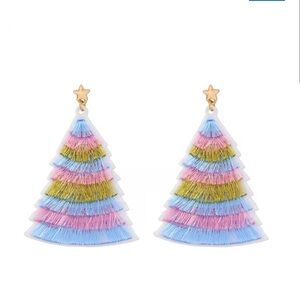 Pink, Blue, and Gold Tassel Christmas Tree Earrings - New